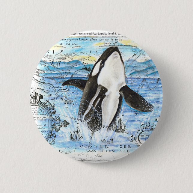 Breaching Orca Ancient Map 6 Cm Round Badge (Front)