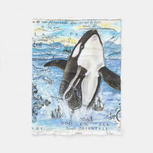 Breaching Orca Ancient Map Fleece Blanket