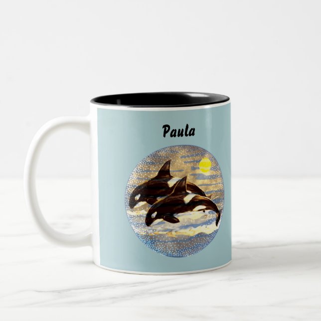 Breaching Orca, Killer Whales Watercolors/ Sunset Two-Tone Coffee Mug (Left)