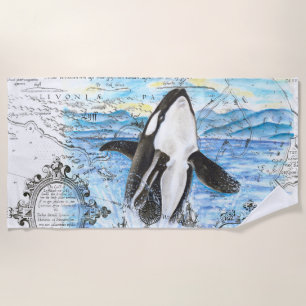 Breaching Orca Whale Ancient Map Beach Towel
