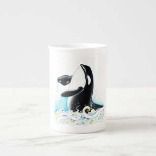 Breaching Orca whale doodle Ink Bone China Mug