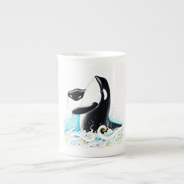 Breaching Orca whale doodle Ink Bone China Mug (Front)