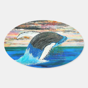Breaching Wale sunset painting bubblepacific art  Oval Sticker