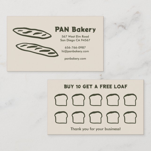 Bread Bakery Sourdough CUSTOM Hand-drawn Rewards  Loyalty Card (Front/Back)