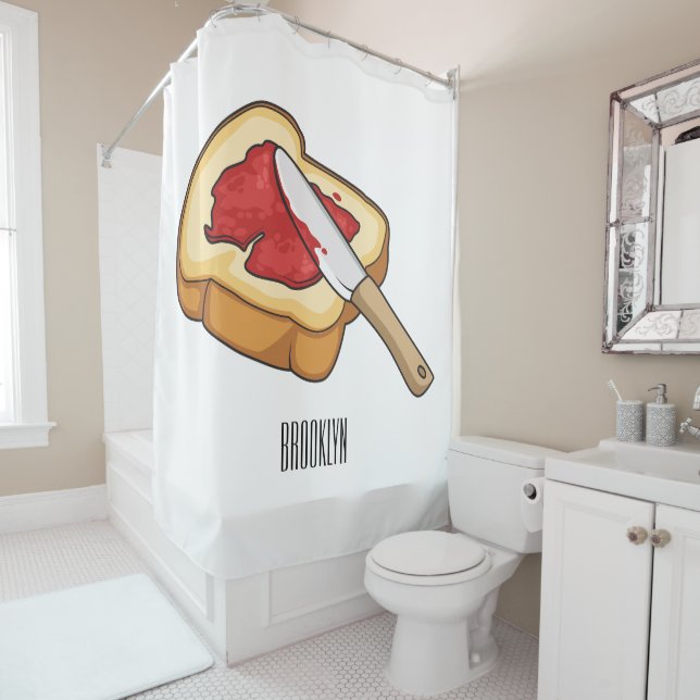 Bread & jam cartoon illustration shower curtain (In Situ)