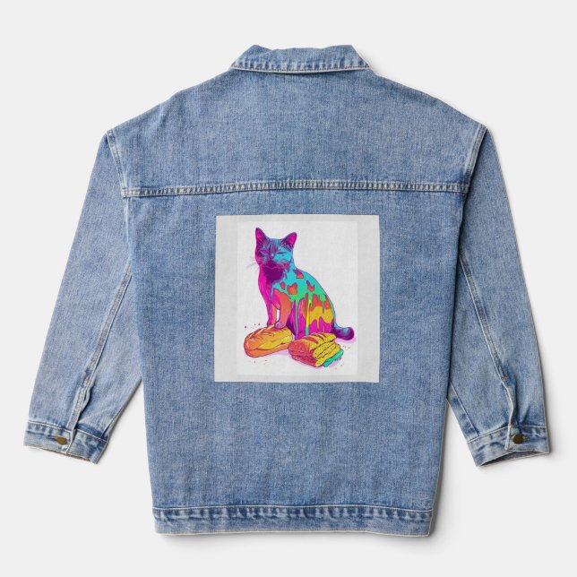 Bread Meowphosis – Glitchy Funny Cat Meme Denim Jacket (Back)