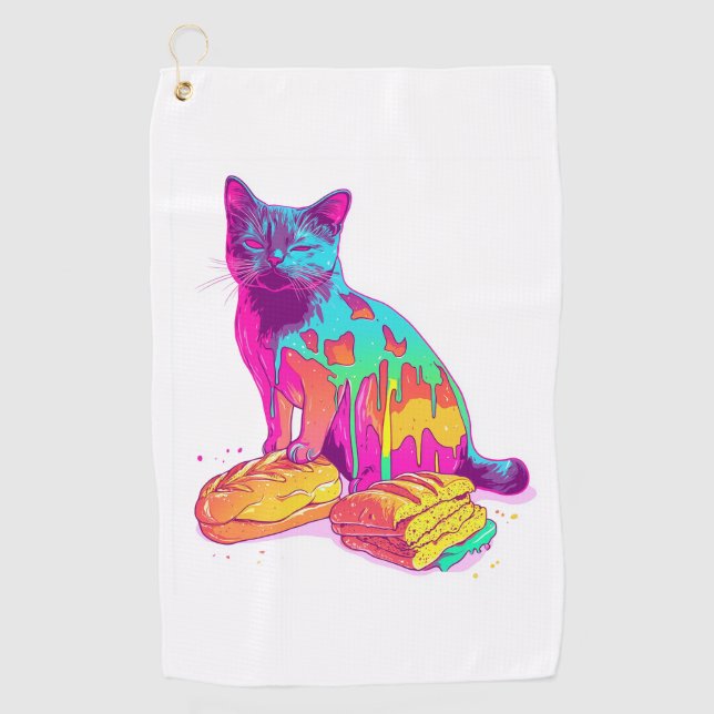 Bread Meowphosis – Glitchy Funny Cat Meme Golf Towel (Front)
