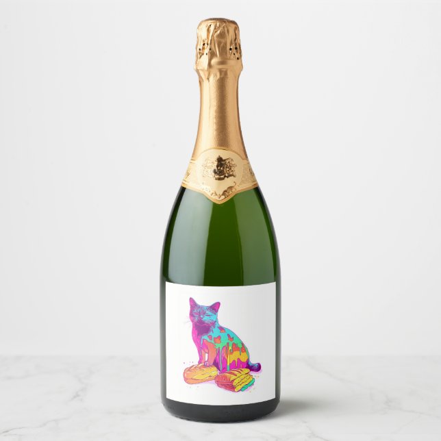 Bread Meowphosis – Glitchy Funny Cat Meme Sparkling Wine Label (Front)
