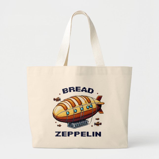 Bread Zeppelin - Whimsical 8-Bit Airship Art Large Tote Bag (Front)