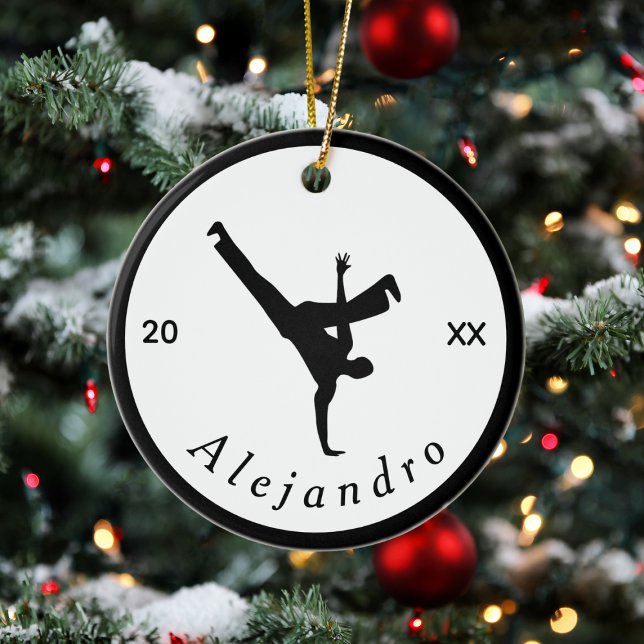 Break Dance Dancer Black & White Custom Name Year Ceramic Tree Decoration (Creator Uploaded)