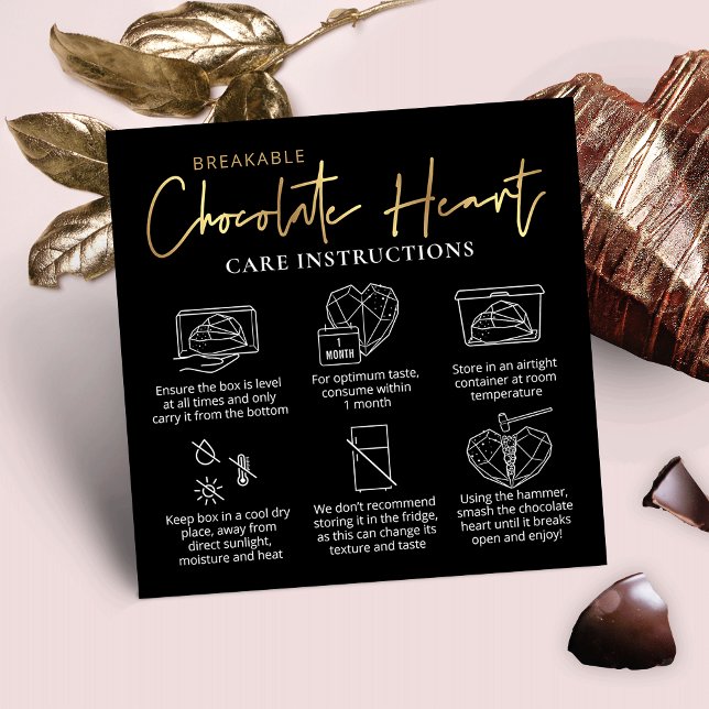 Breakable Chocolate Heart Care Guide Black & Gold Square Business Card (Black and gold breakable chocolate heart care instructions cards with space for your logo)
