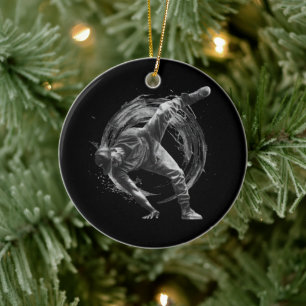 Breakdancer in action, in ink splatter style ceramic tree decoration