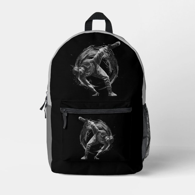 Breakdancer in action, in ink splatter style printed backpack (Front)
