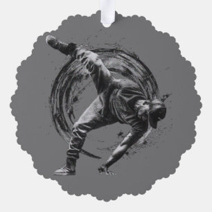 Breakdancer in action, in ink splatter style tree decoration card