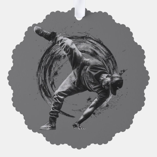 Breakdancer in action, in ink splatter style tree decoration card (Back)