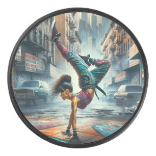 Breakdancer Women in action New York silhouette Hockey Puck