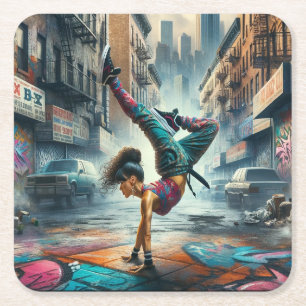 Breakdancer Women in action New York silhouette Square Paper Coaster