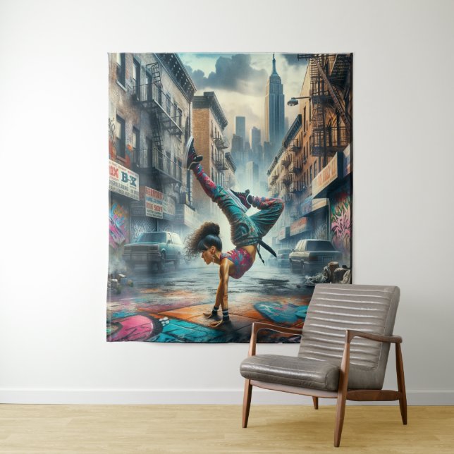 Breakdancer Women in action New York silhouette Tapestry (In Situ)