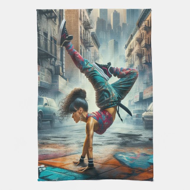 Breakdancer Women in action New York silhouette Tea Towel (Vertical)