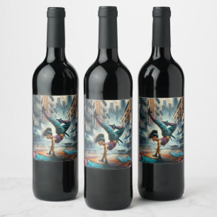 Breakdancer Women in action New York silhouette Wine Label