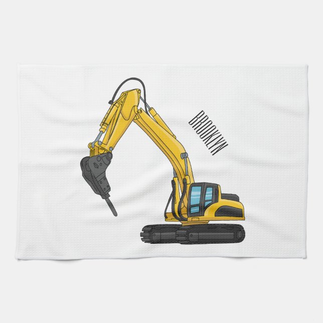 Breaker excavator cartoon illustration tea towel (Horizontal)