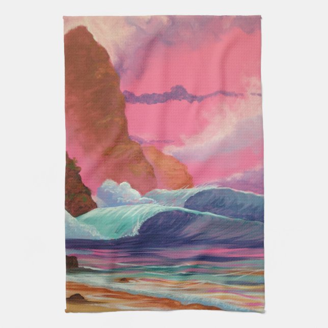 Breakers at Sunset Tea Towel (Vertical)