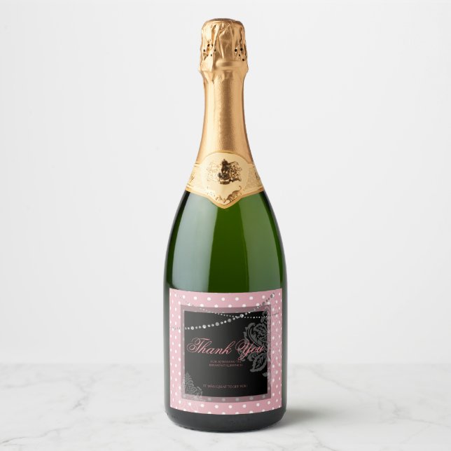 Breakfast and brunch pink and white polka dots sparkling wine label (Front)