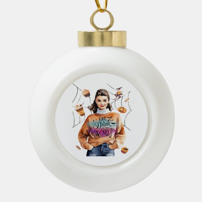 Breakfast At Halloween’s Eat Drink And Be Scary Ceramic Ball Christmas Ornament (Front)