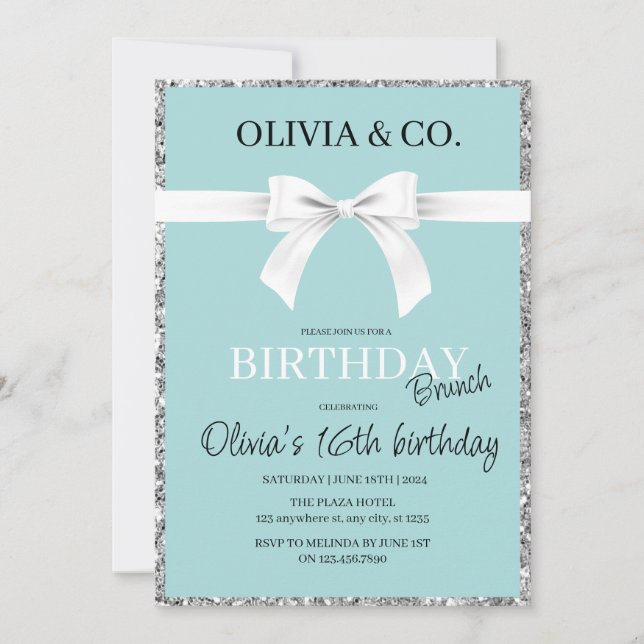 Breakfast at Tiffany's Birthday brunch invitation (Front)