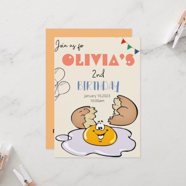 Breakfast brunch kids 2nd birthday party invitation (Front/Back In Situ)