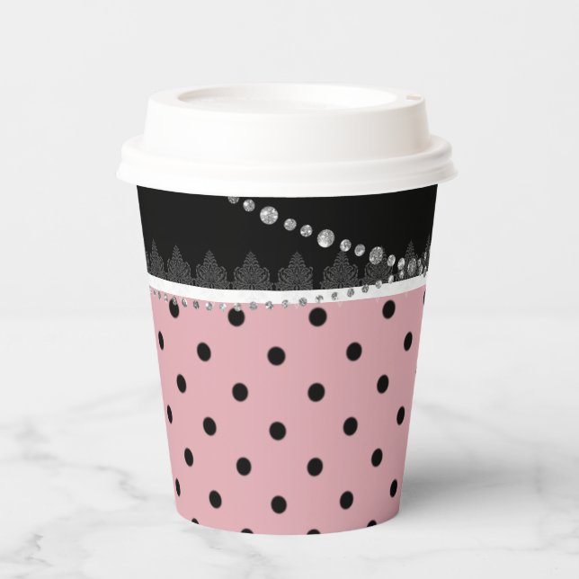 Breakfast & Brunch pink & black polka damask Paper Cups (Front)