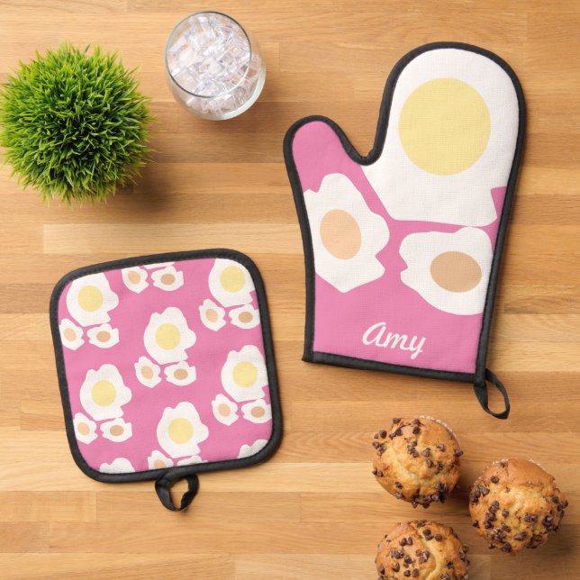 Breakfast Eggs Chef Kitchen Oven Mitt & Pot Holder Set (Top Down)