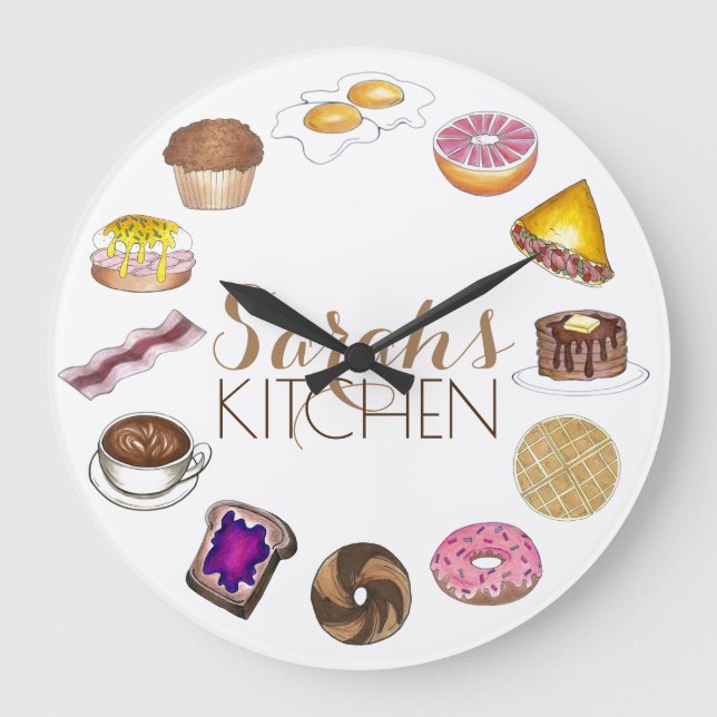 Breakfast Foods Eggs Bacon Doughnut Coffee Kitchen Large Clock (Front)