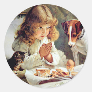 Breakfast in Bed: Girl, Terrier and Kitty Cat Classic Round Sticker