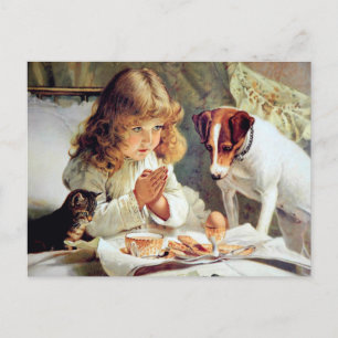 Breakfast in Bed: Girl, Terrier and Kitty Cat Postcard