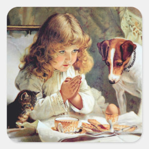 Breakfast in Bed: Girl, Terrier and Kitty Cat Square Sticker