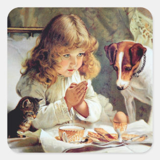 Breakfast in Bed: Girl, Terrier and Kitty Cat Square Sticker
