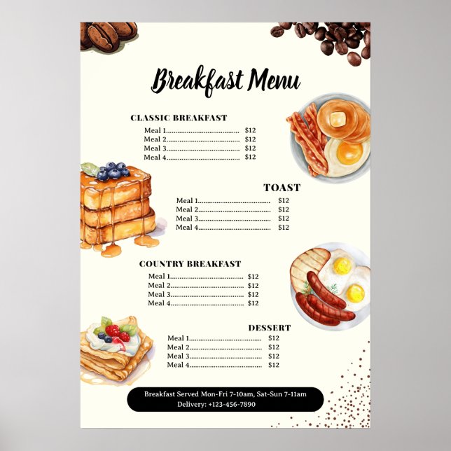 Breakfast Menu, Restaurant Menu, Cafe Marketing  Poster (Front)