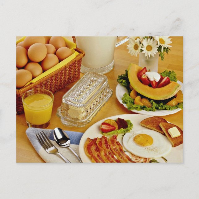 Breakfast of bacon, eggs and pitcher of milk  flow postcard (Front)
