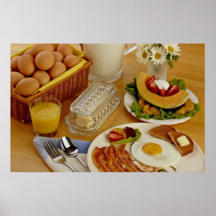 Breakfast of bacon, eggs and pitcher of milk poster