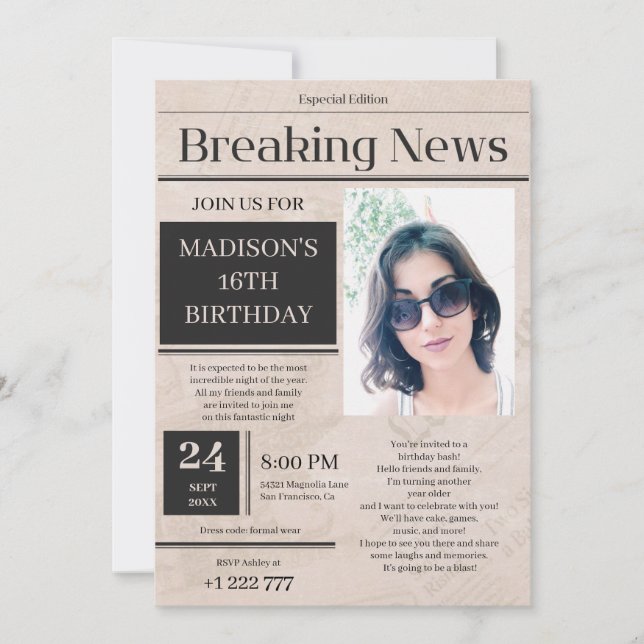 Breaking News Birthday Invitation (Front)