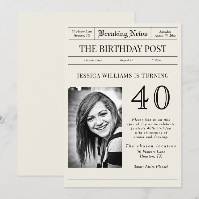 "Breaking News" Birthday Post Photo Invitation (Front/Back)