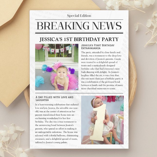 Breaking News First Birthday Announcement (milestone celebration postcard, unique baby announcement, photo memory card, birthday party )
