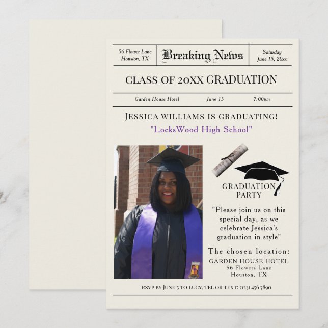 "Breaking News" Graduation Party Photo Invitation (Front/Back)