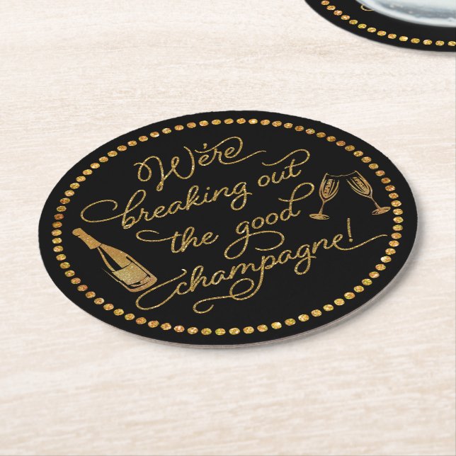 Breaking Out The Good Champagne Gold & Black Party Round Paper Coaster (Angled)