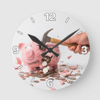 Breaking Savings Piggy Bank Financial Concept Deco Round Clock