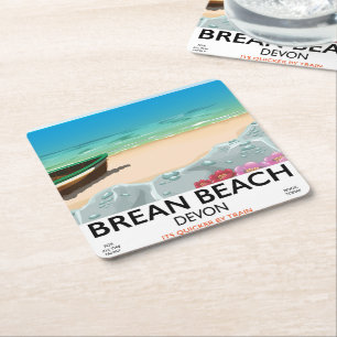 Brean Beach Devon vintage travel poster Square Paper Coaster