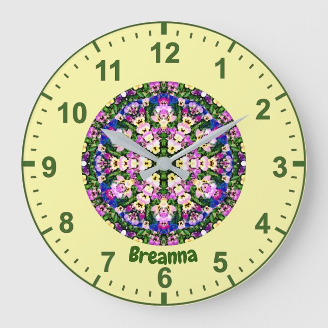 BREANNA ~  Multicoloured Miniature Pansies Yellow  Large Clock (Front)