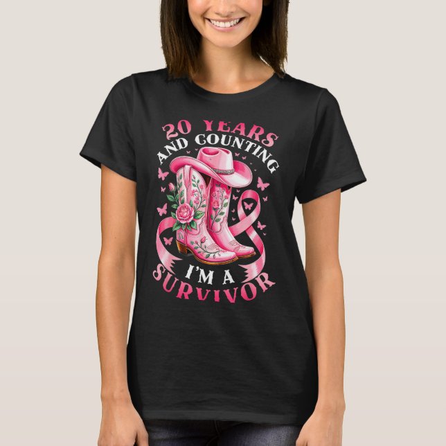 Breast Cancer 20 Years Survivor Nk Ribbon Cowgirl  T-Shirt (Front)