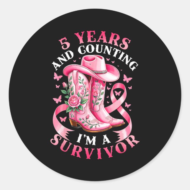 Breast Cancer 5 Years Survivor Nk Ribbon Cowgirl G Classic Round Sticker (Front)
